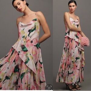 Anthropology Floral Pink Pleated Satin Maxi Dress